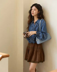 Ruffled Placket Denim Shirt