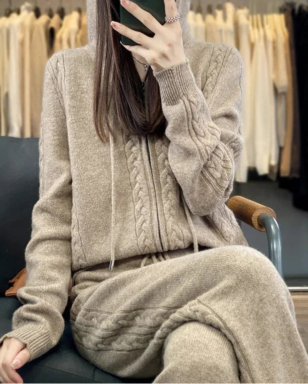 Wool Blend Hooded Zip Cardigan & Wide-Leg Pants Set