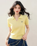 Ribbed Polo Collar Knit Short Sleeve Top