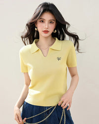Ribbed Polo Collar Knit Short Sleeve Top