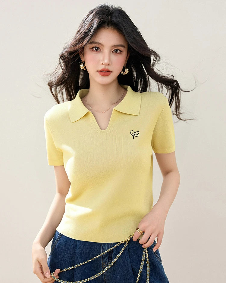 Ribbed Polo Collar Knit Short Sleeve Top
