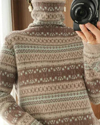 Wool Colour Block Turtleneck Loose Knit Pullover