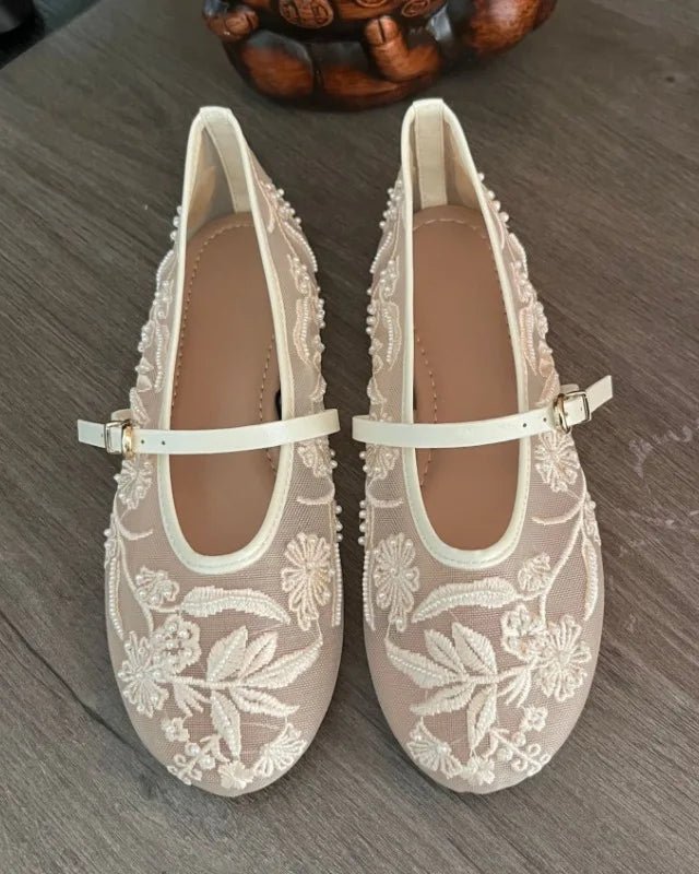 Embroidered Strappy Ballet Flats