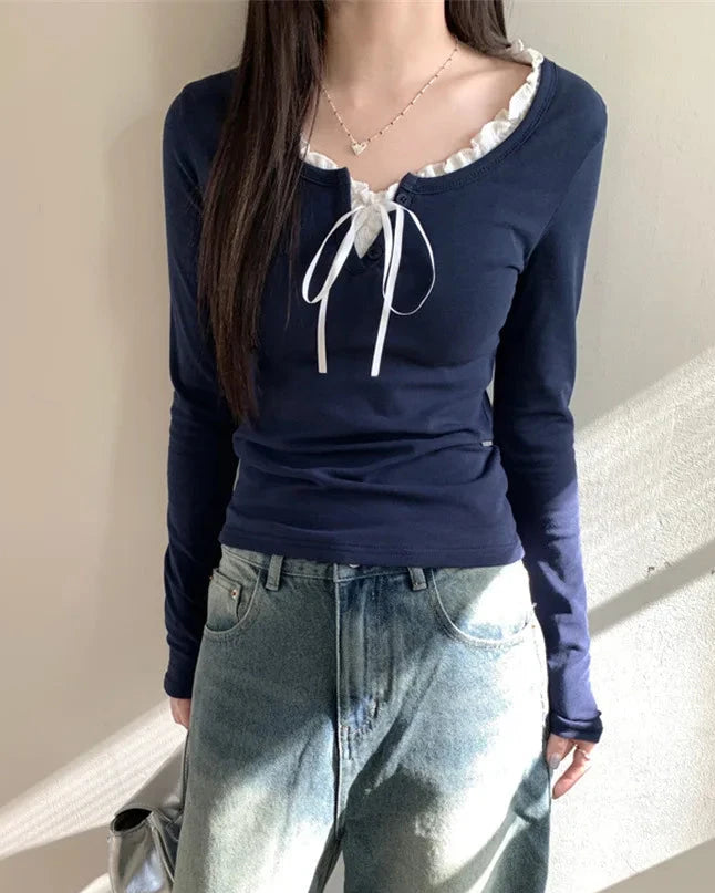 Bow Patchwork Long-Sleeve Top