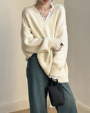 Soft V-Neck Lace-Trimmed Loose Knit Sweater