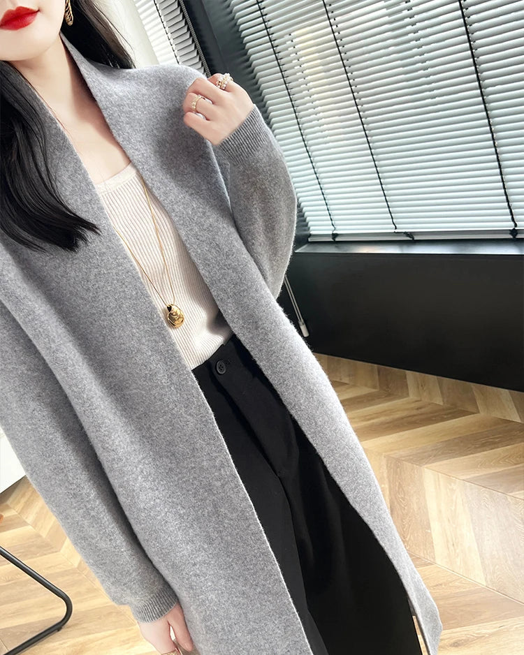 Loose-Fitting Long Wool Cardigan Sweater