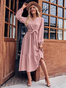 V-Neck Long Sleeve Tied Waist Dress