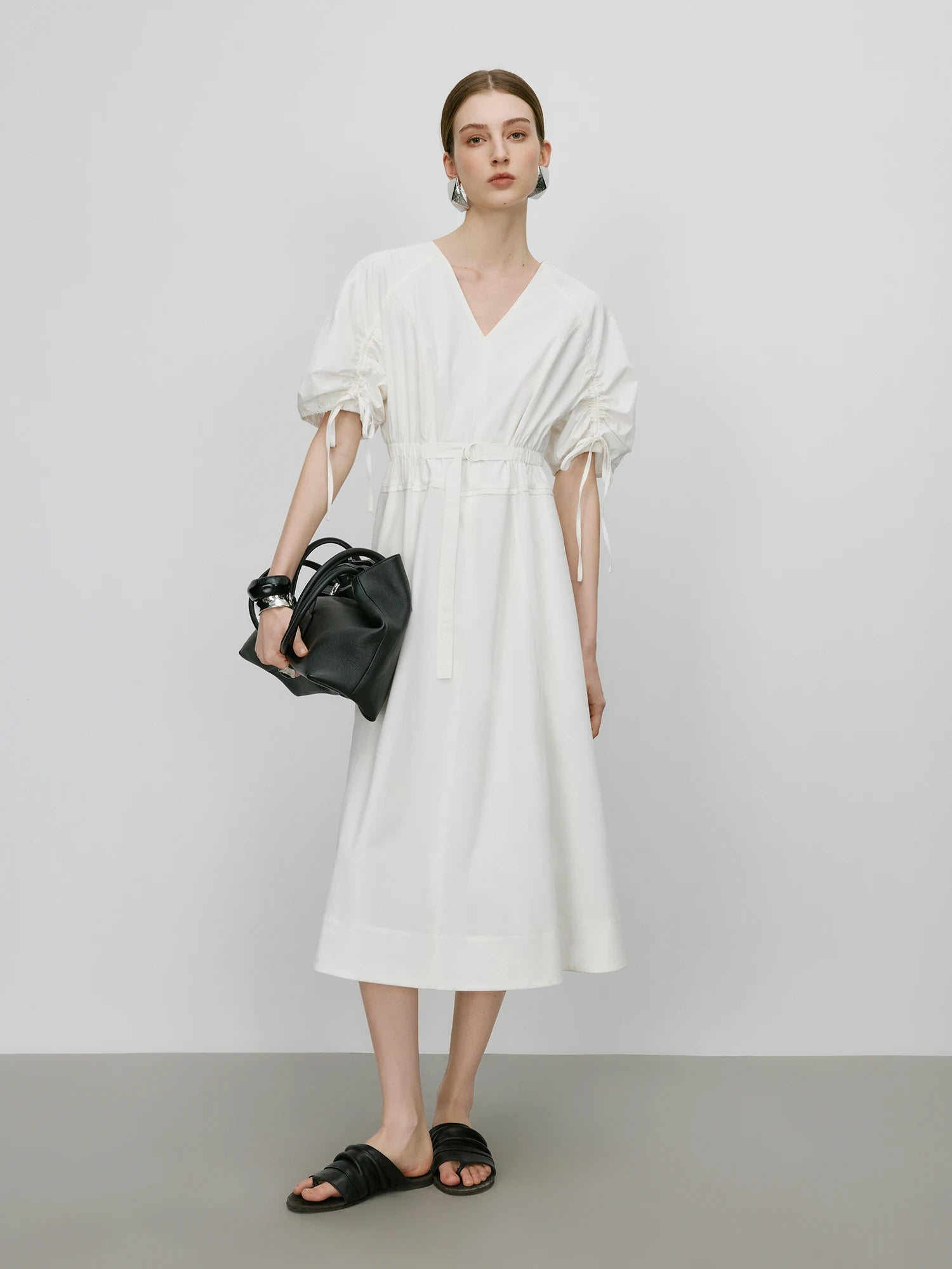 V-Neck Bubble Sleeve Linen Dress