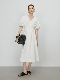 V-Neck Bubble Sleeve Linen Dress