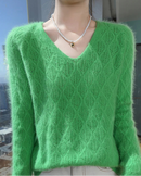 Openwork Mink Cashmere V-Neck Sweater