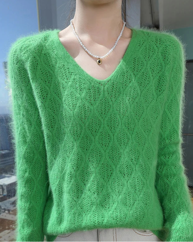 Openwork Mink Cashmere V-Neck Sweater