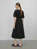 V-Neck Bubble Sleeve Linen Dress