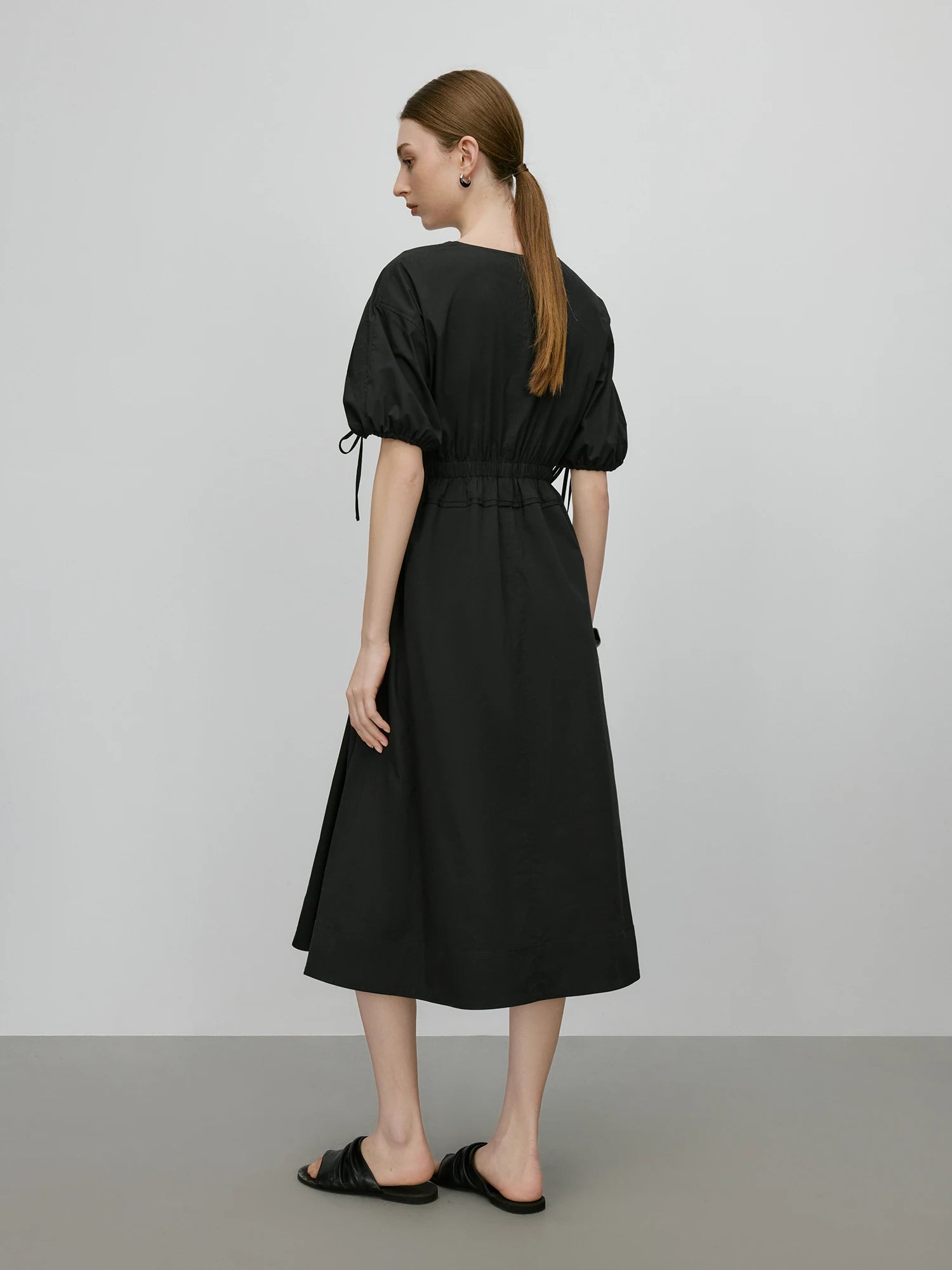 V-Neck Bubble Sleeve Linen Dress