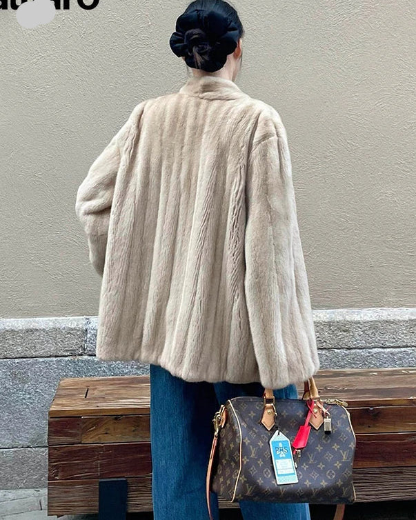 Faux Mink Fur Solid V-Neck Pocket Short Coat