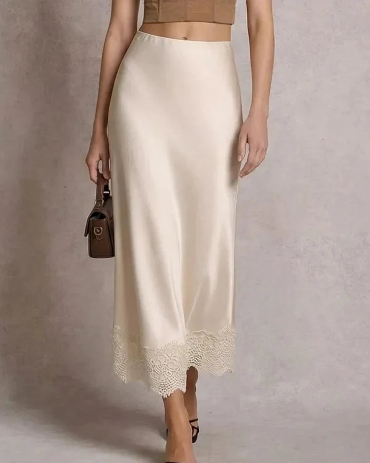 Women's satin A-line maxi skirt featuring breathable polyester-elastane fabric, a delicate lace trim hem, and a natural waist for poised elegance in summer office wear.