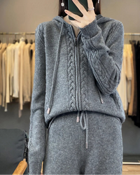 Wool Blend Hooded Zip Cardigan & Wide-Leg Pants Set