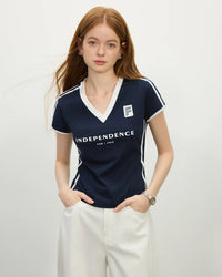 Sporty Cropped V-Neck Knit T-Shirt