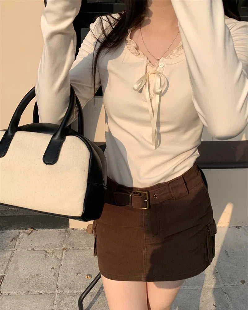 Bow Patchwork Long-Sleeve Top