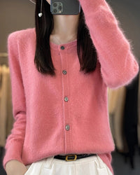 Mink Cashmere Crew Neck Cardigan Sweater