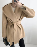 Hooded Wool Blend Wrap Coat