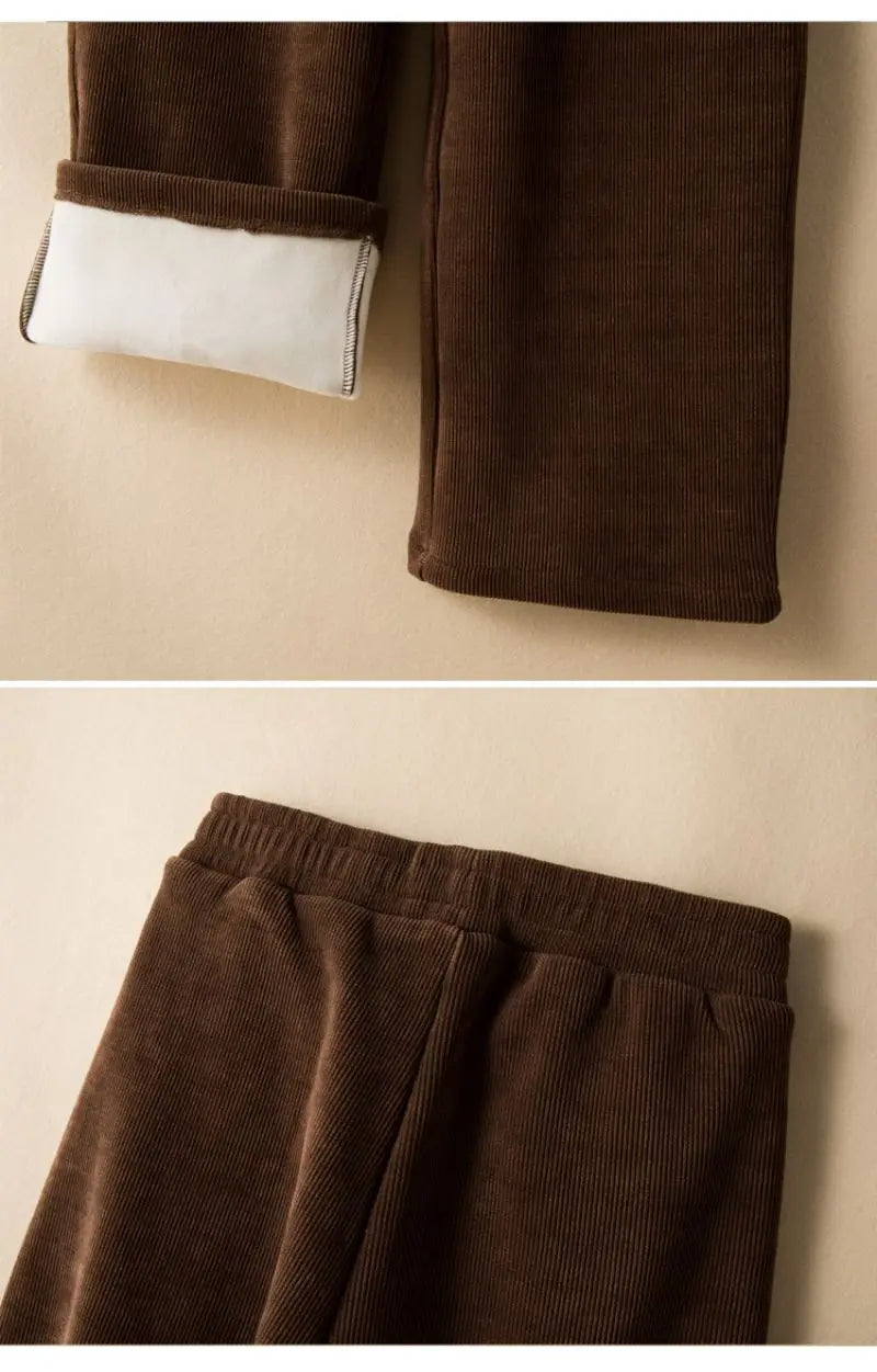 Elastic Waist Corduroy Fleece Wide leg Pants