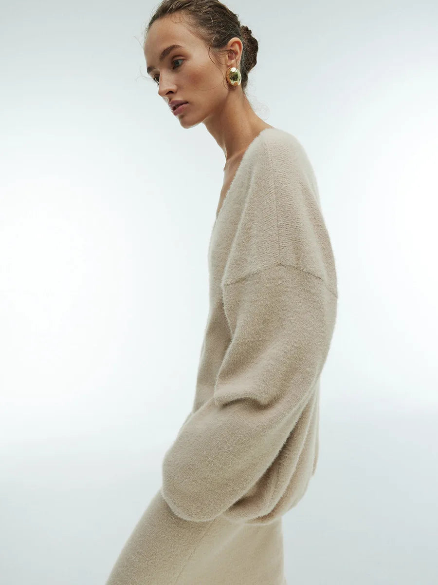 Casual V-neck Sweater& Skirt Set