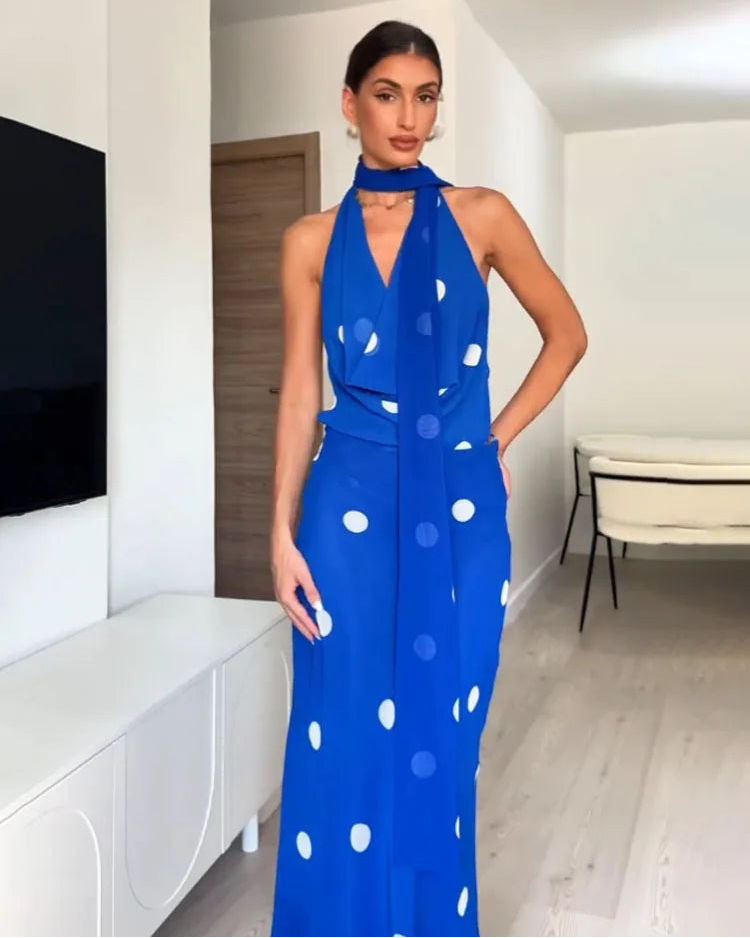 Polka Dot Swinging Collar Backless Maxi Dress