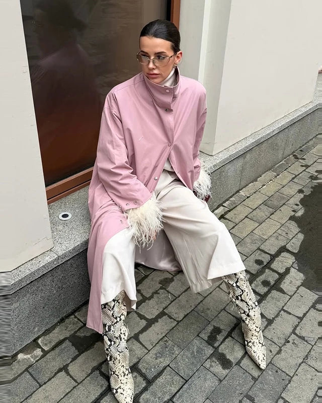 Women Stand Collar Long Trench Coat