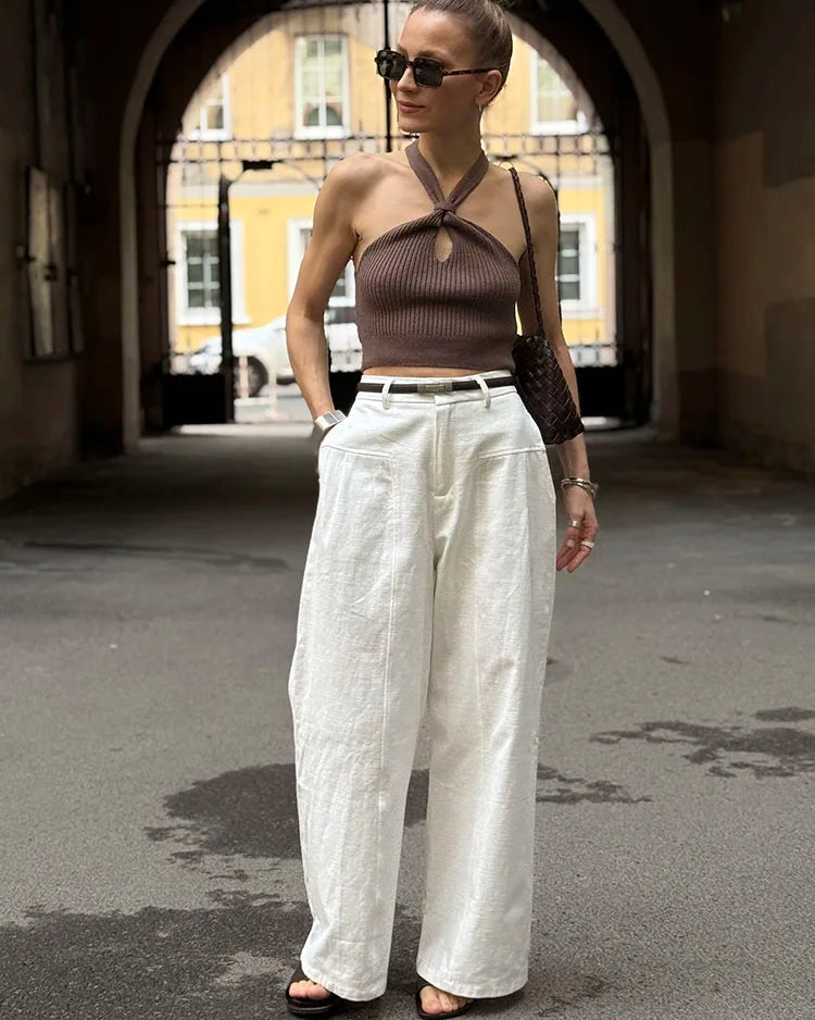 High-Waisted Wide-Leg Cotton Trousers
