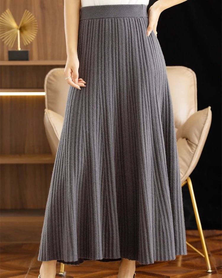 Elegant Pleated Wool A-Line Long Skirt