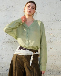 Retro V-Neck Sun Protection Long-Sleeved Shirt