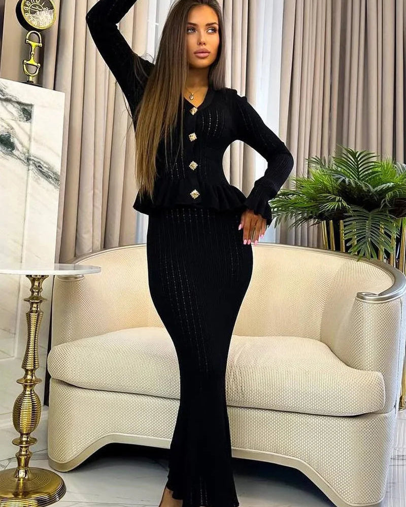 V-Neck Flare Sleeve Knit Cardigan & Mermaid Maxi Skirt Set