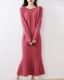 Wool Round-Neck Rolled-Hem Mermaid Long Dress