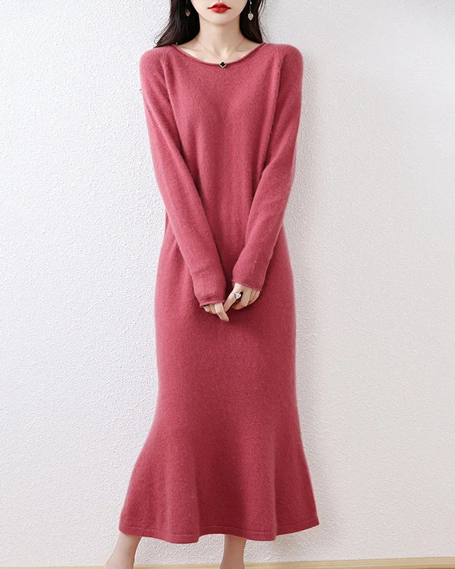 Wool Round-Neck Rolled-Hem Mermaid Long Dress