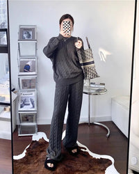 Cable Knit Pullover & High Waist Wide Leg Trousers Two-Piece Set