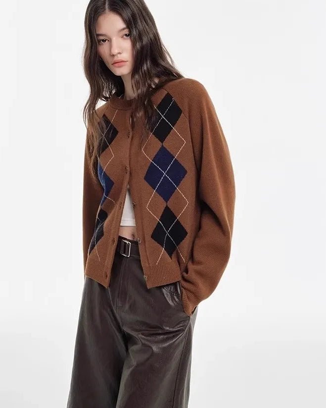 Cashmere Diamond Pattern Cardigan Sweater
