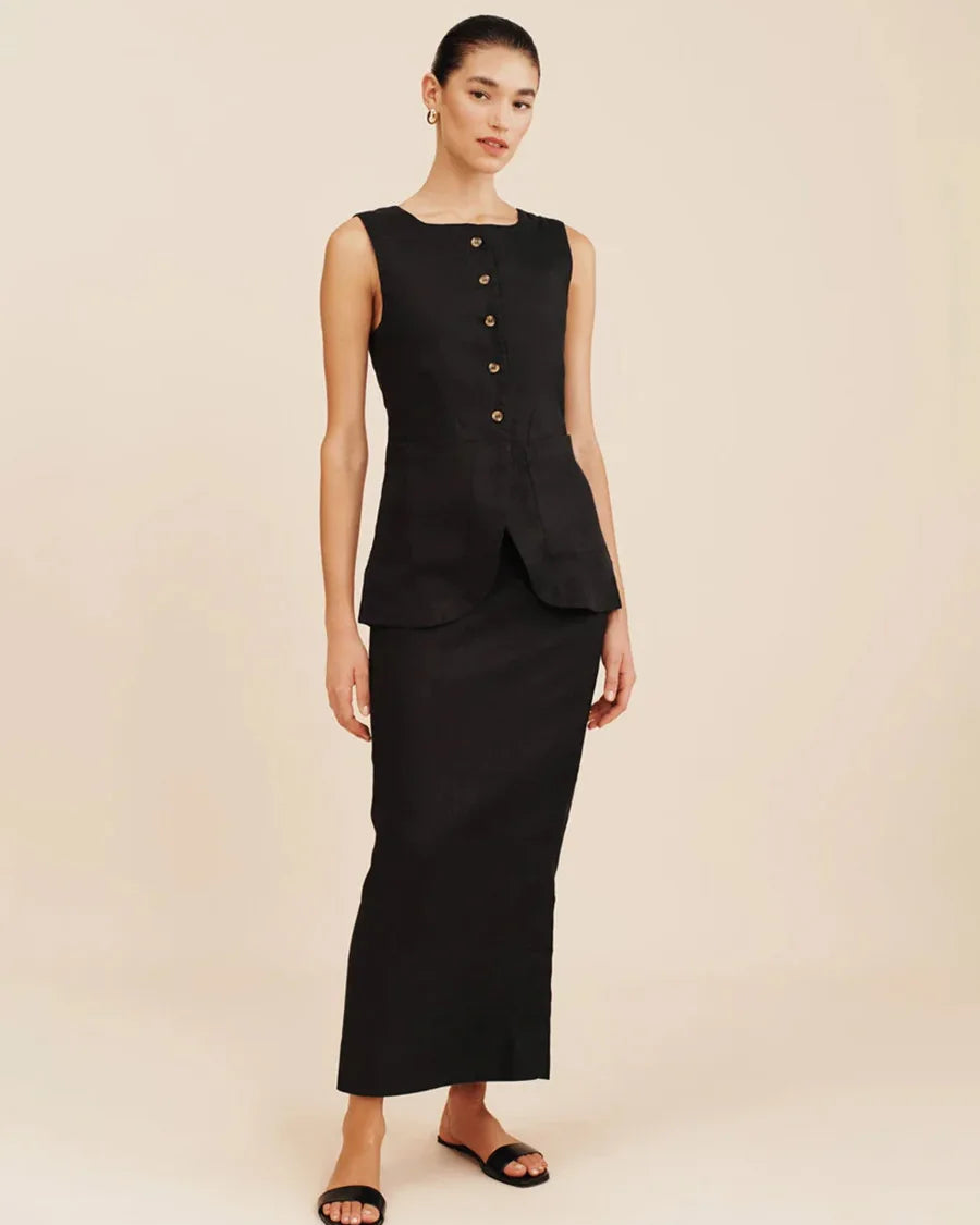 O-Neck Sleeveless Vest & High Waist Straight Maxi Skirt Set