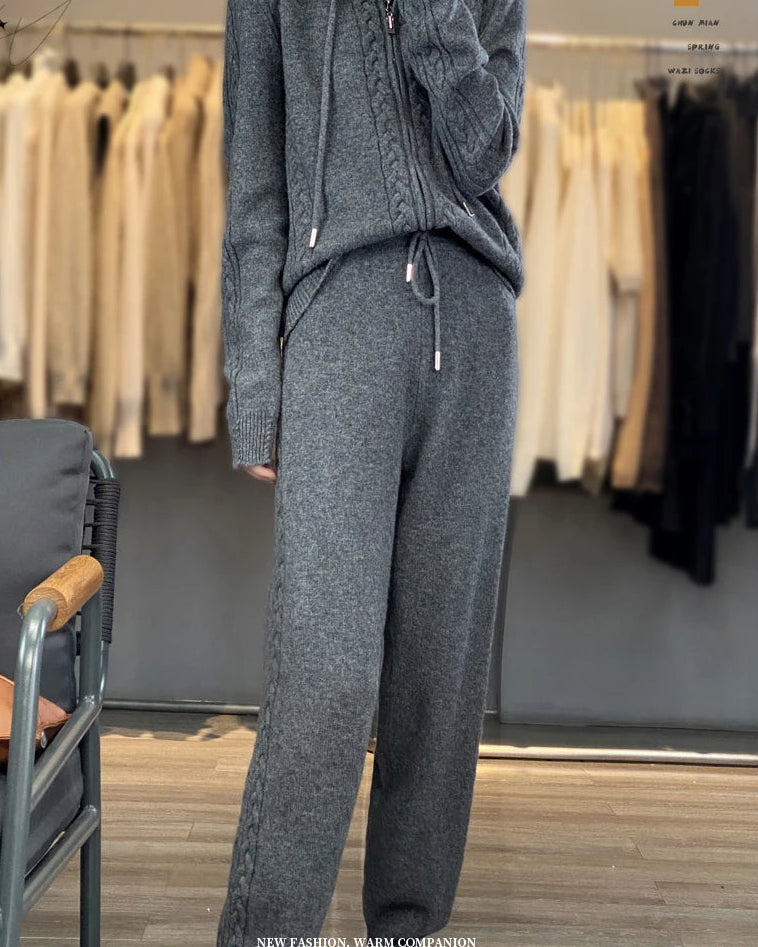 Wool Blend Hooded Zip Cardigan & Wide-Leg Pants Set