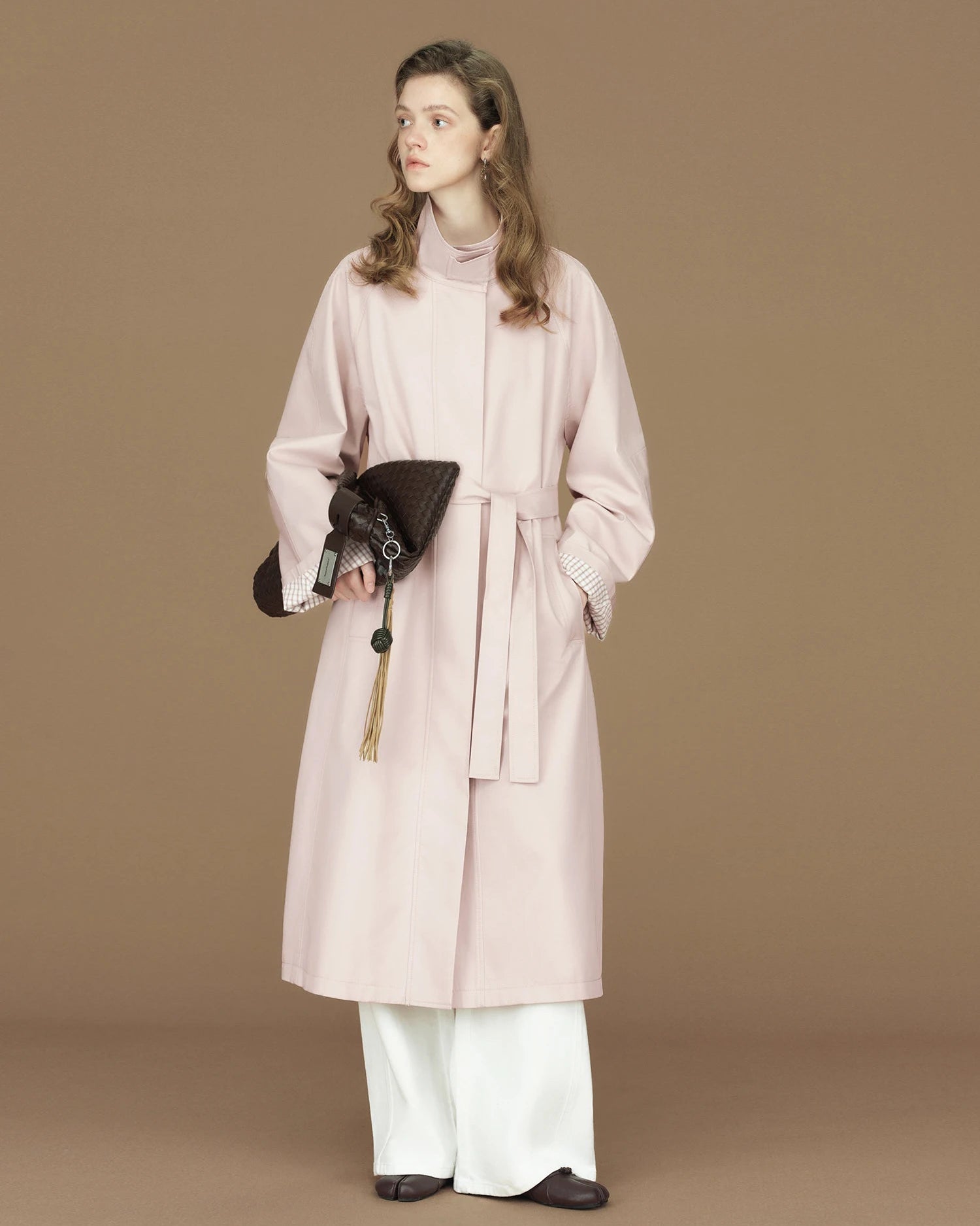 Contrast-Cuff Stand-Collar Long Trench Coat