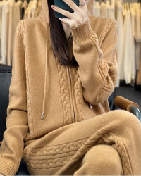 Wool Blend Hooded Zip Cardigan & Wide-Leg Pants Set