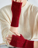 Women's fingerless knit wrist warmers made from a soft raccoon hair and wool blend. Thumb hole design for all-day comfort. Perfect for fall and winter layering.