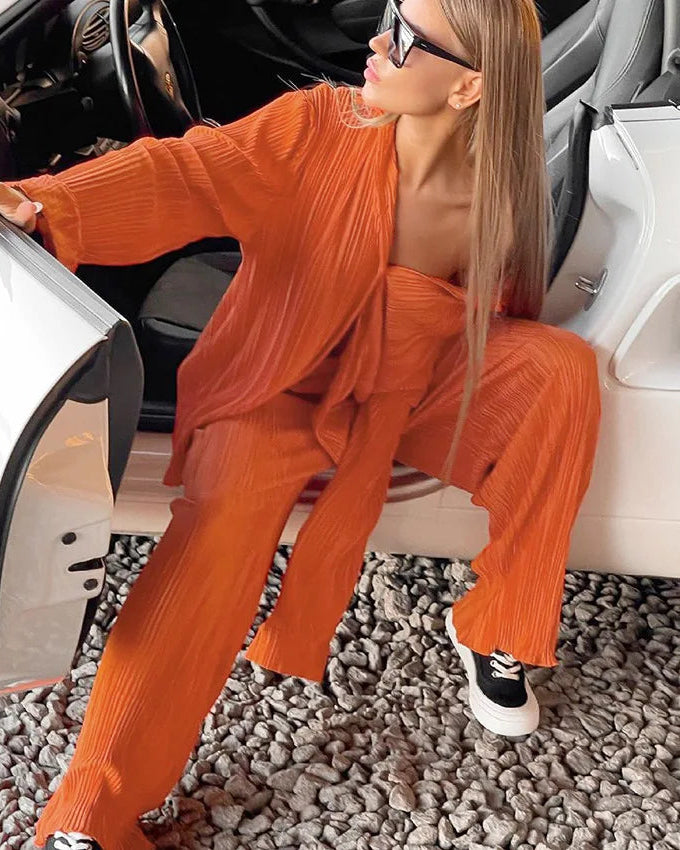 Turn-Down Collar Draped Shirt & High Waist Wide-Leg Trouser 2-Piece Set