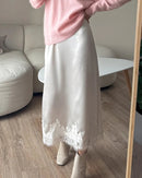 Satin And Lace-Paneled A-Line Midi Skirt