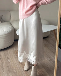 Satin And Lace-Paneled A-Line Midi Skirt