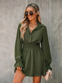 Button-Front Dress Long Trumpet Sleeve A-line Mini Dress