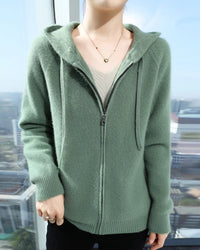 Wool Solid Hooded Zip-Up Open Cardigan Sweater