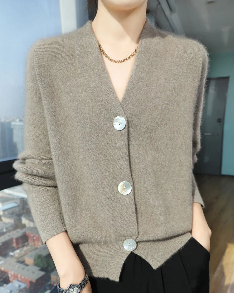 Cashmere Wool Blend Solid V-Neck Button Knit Cardigan