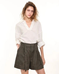 Retro Cotton Linen V-Neck Long-Sleeved Collared Shirt