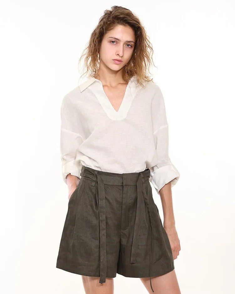 Retro Cotton Linen V-Neck Long-Sleeved Collared Shirt