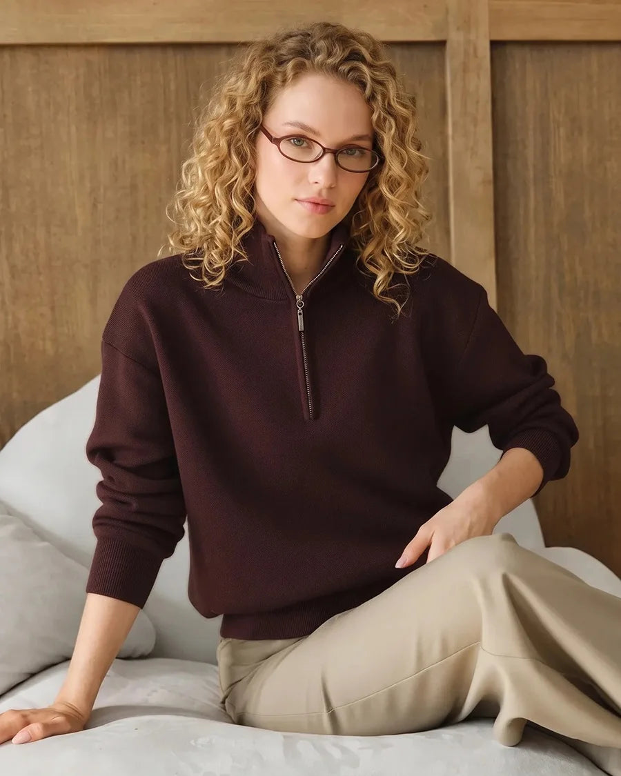 Relaxed-Fit Zip-Up Mock-Neck Sweater